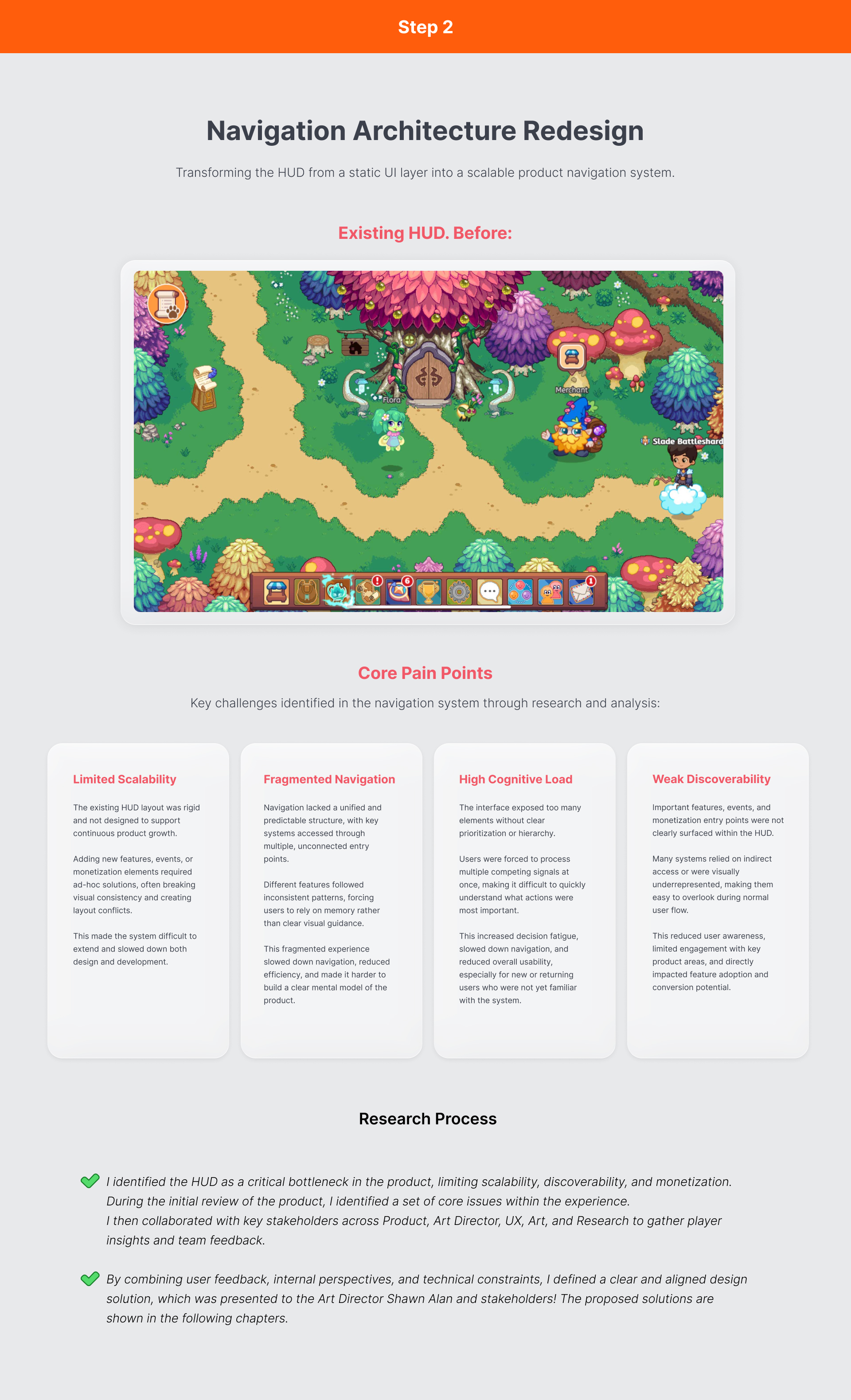 Case study page 3 — Step 2: Navigation Architecture Redesign and Core Pain Points